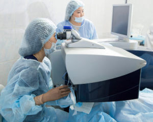 Laser surgery for vision correction utilizing LASIK.
